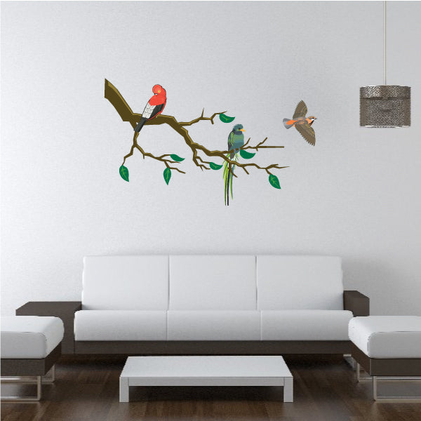 Tree branch sticker with colorful birds, green leaves, and a twig branch
