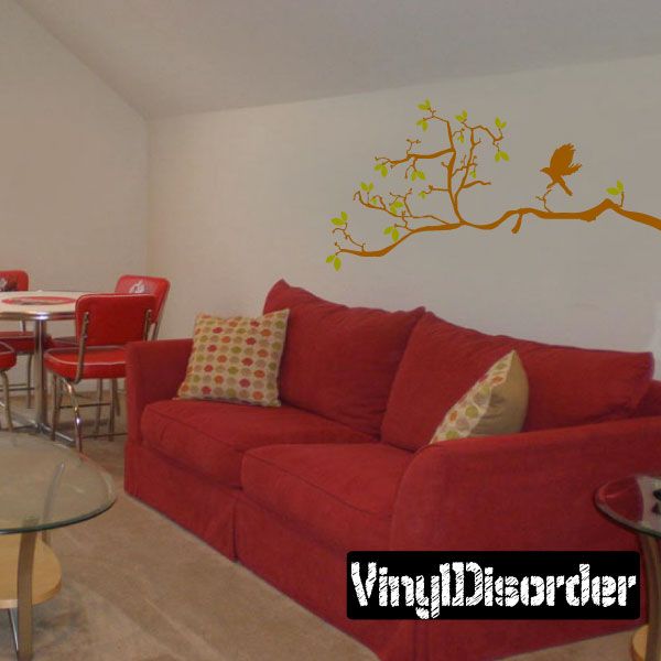 Tree branch and flying bird wall decal with yellow leaves