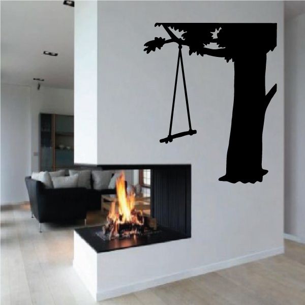 Tree swing wall decal, black silhouette of hanging swing on tree