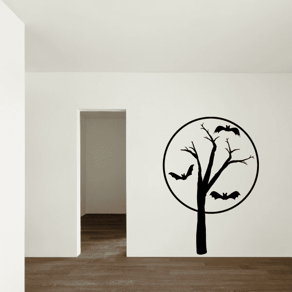Large moon and bat wall decal with black tree silhouette