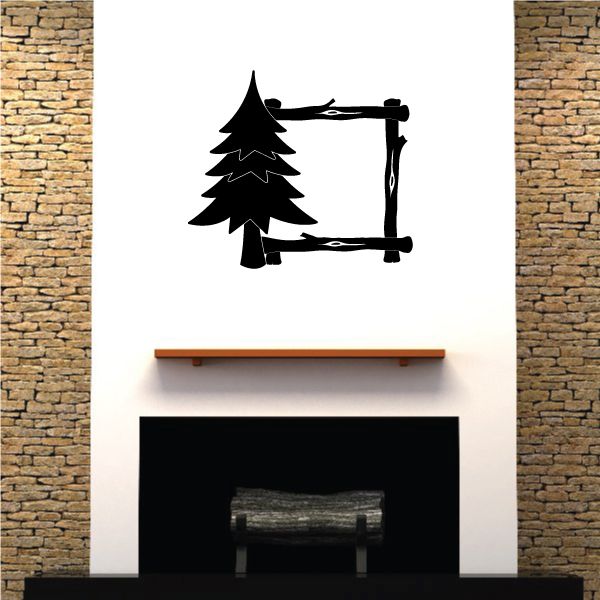 Tree wood frame wall decal with black pine silhouette and rectangular frame