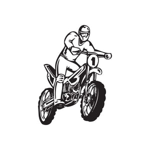 Trials bike decal, black line-art rider on trials motorcycle with number 1