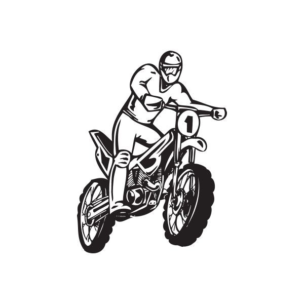 Trials bike decal, black line-art rider on trials motorcycle with number 1