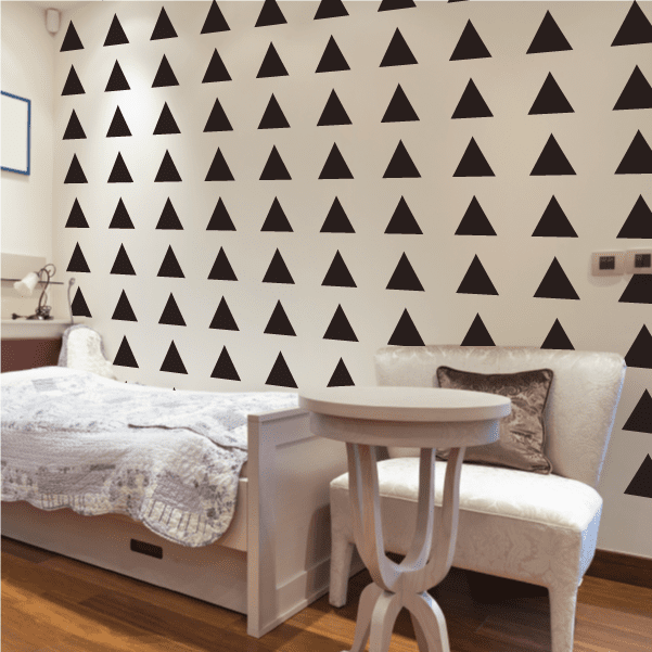 Triangle-pattern vinyl wall decals with black triangular shapes, multiple stickers