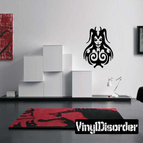 Black tribal goddess face decal with ornate swirl headdress