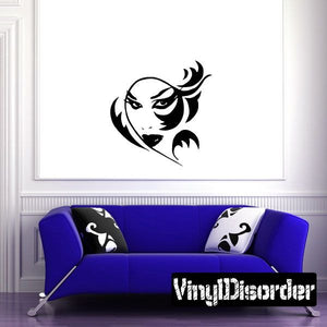 Tribal geisha face decal with bold black and white stylized female mask design