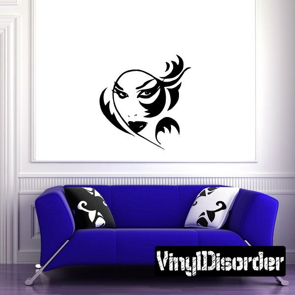 Tribal geisha face decal with bold black and white stylized female mask design