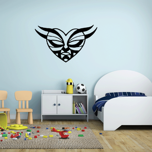 Tribal mask decal with angry heart design, black and white