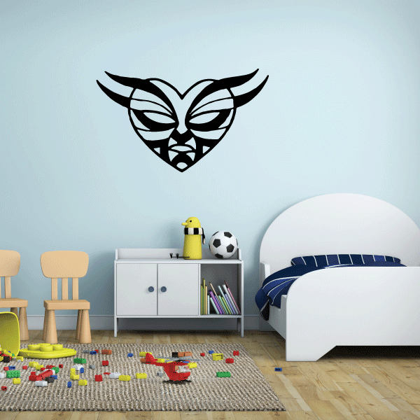 Tribal mask decal with angry heart design, black and white