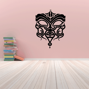 Tribal angry mask wall decal, black with cream tribal lines and ornate swirls