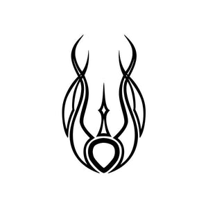 Tribal bird-style car vinyl decal sticker, black line art with heart center