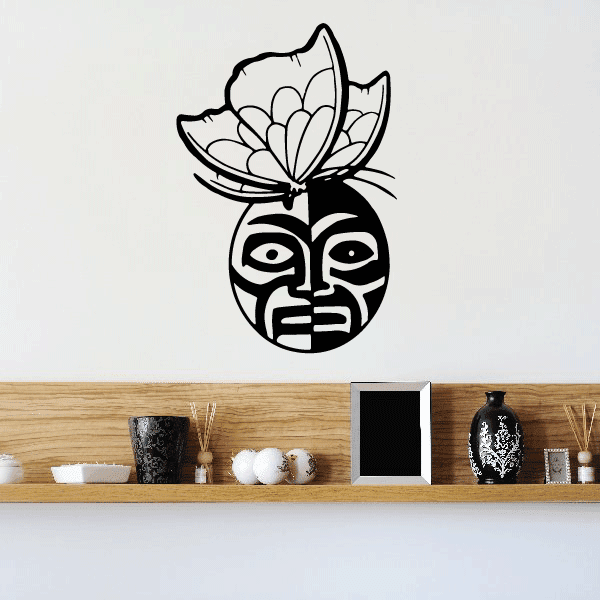 Tribal moon wall decal with black mask face and lotus flower above