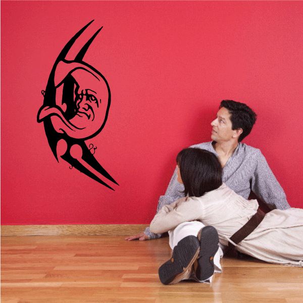 Tribal crescent moon wall decal with black stylized character faces