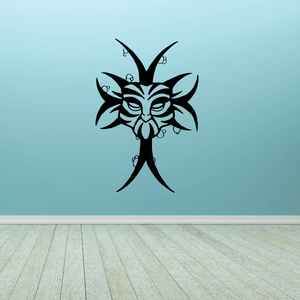 Tribal mask cross wall decal with striped tribal design, black