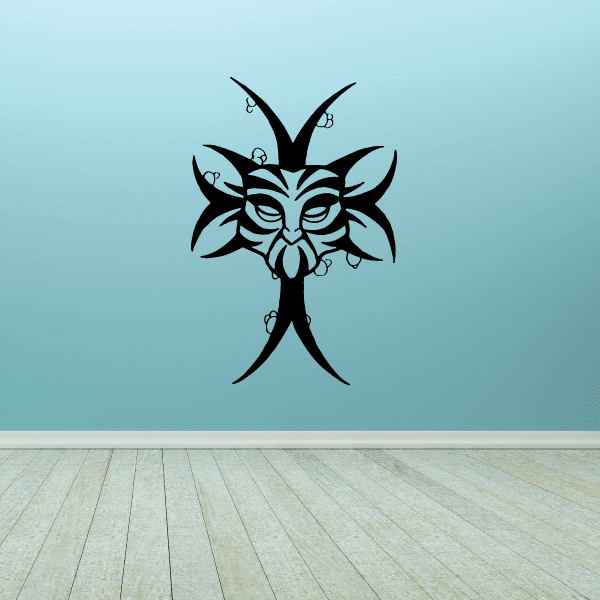 Tribal mask cross wall decal with striped tribal design, black