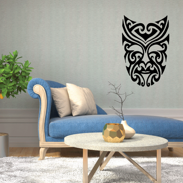 Tribal feline mask decal in black with ornate linework