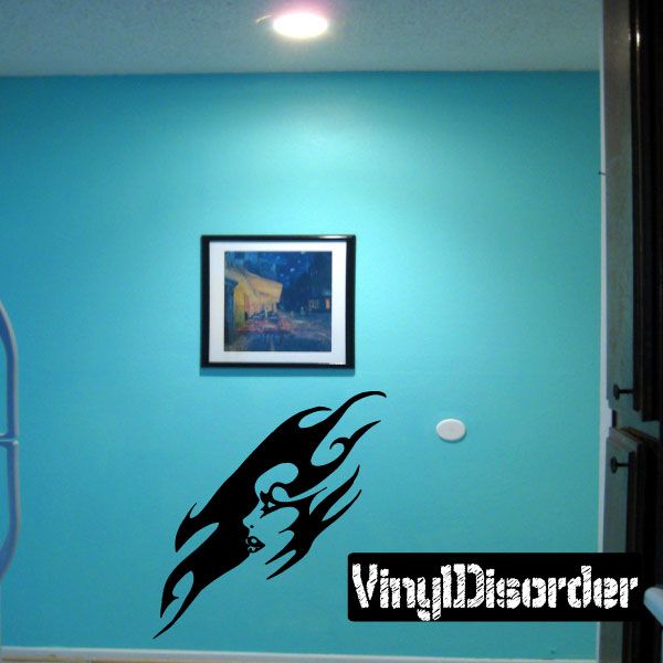 Tribal fire goddess wall decal, black design with teal flame accents