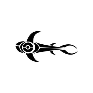 Tribal fish car vinyl decal sticker, black pinstriped outline with swirls