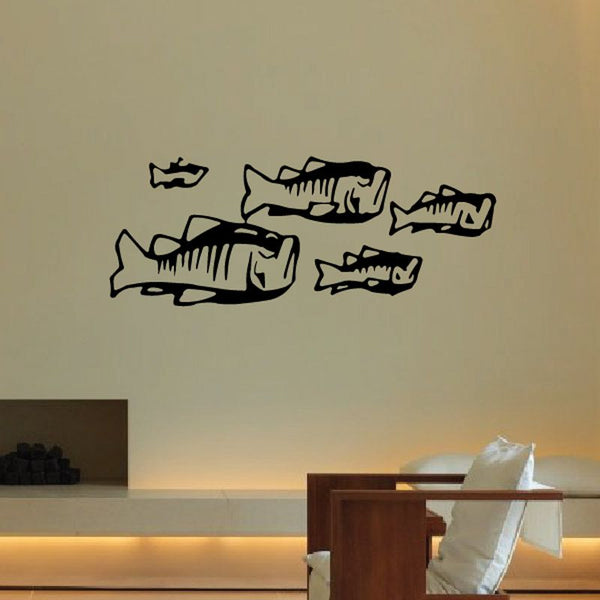 Tribal fish wall decal, black vinyl fish silhouettes on wall