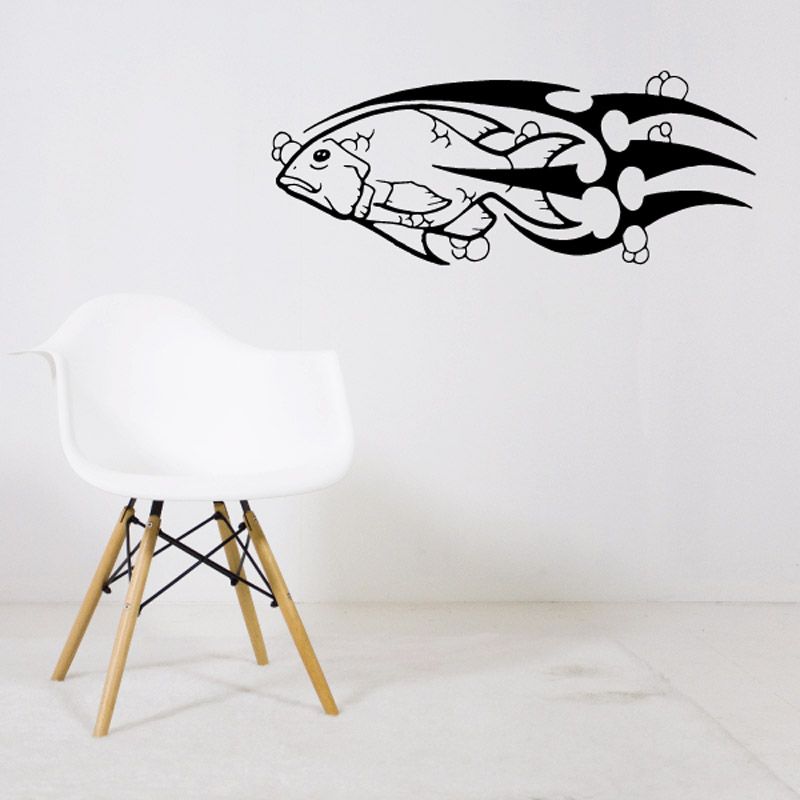 Tribal fish vinyl wall decal with black and white stylized fish and swirl tail.