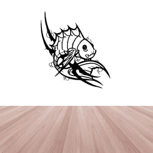 Tribal fish wall decal, black cartoon fish with ornate fins and whisker lines