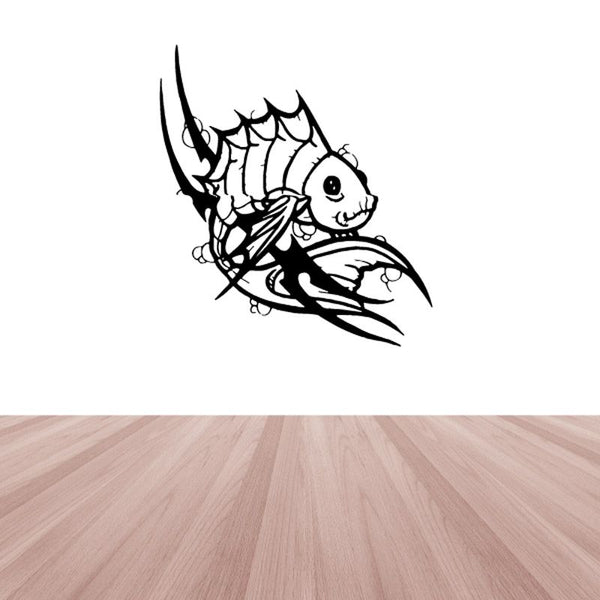 Tribal fish wall decal, black cartoon fish with ornate fins and whisker lines