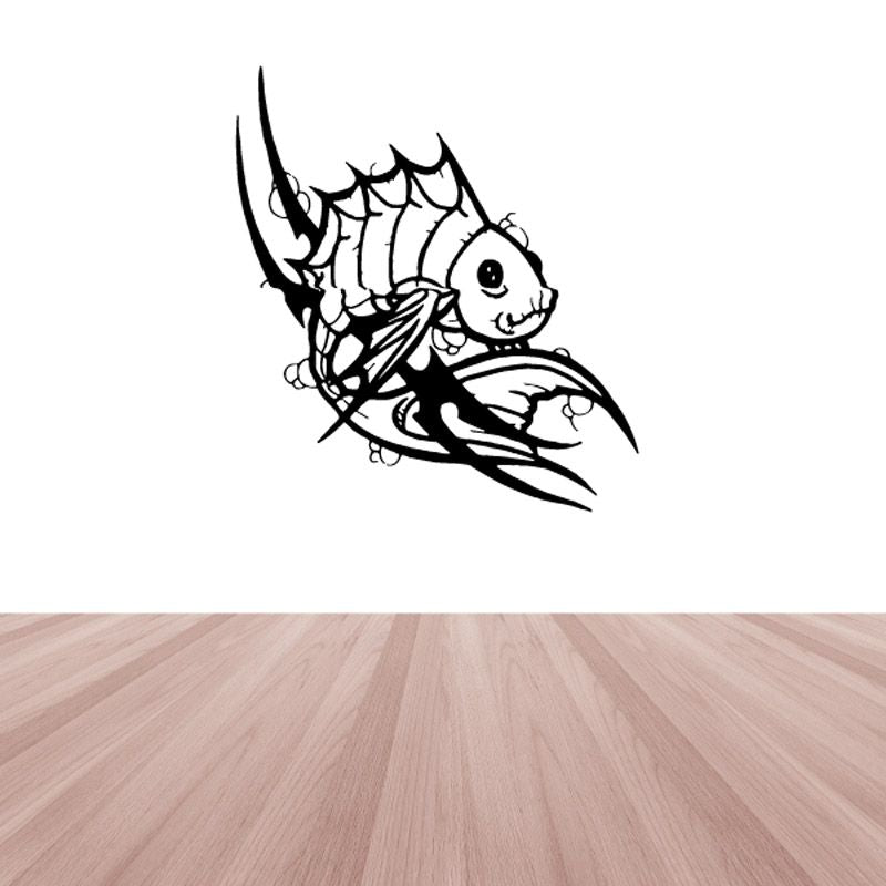 Tribal fish wall decal, black cartoon fish with ornate fins and whisker lines