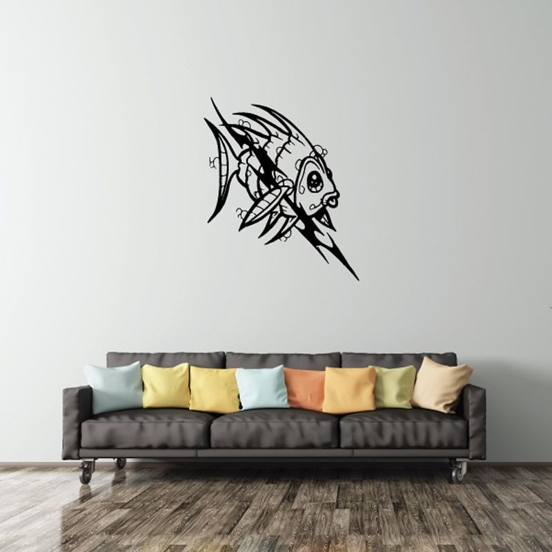Tribal fish wall decal vinyl art, black tribal fish with spiky fins