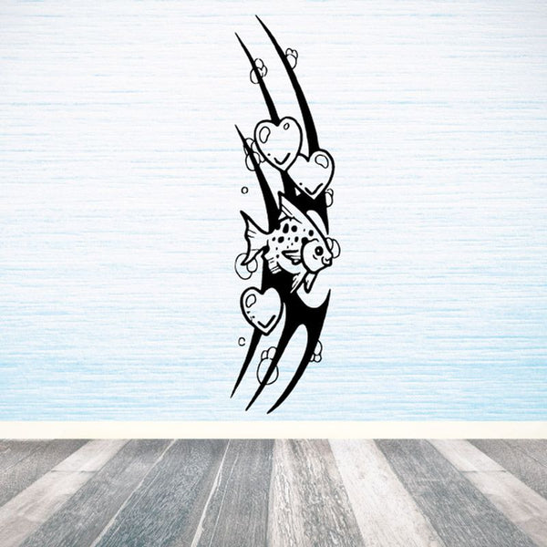 Tribal fish wall decal: black vinyl fish with heart accents