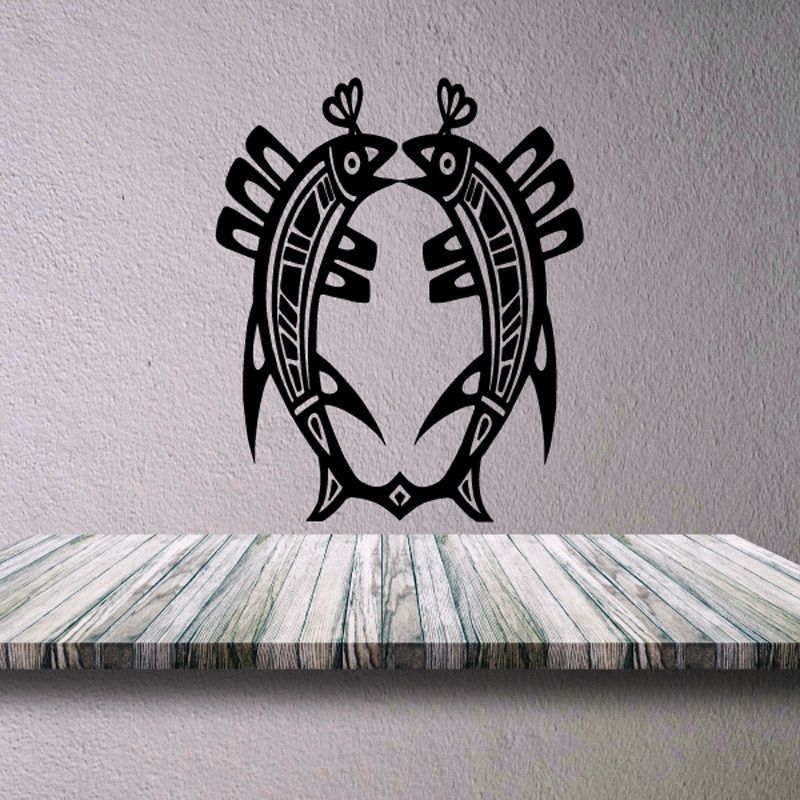 Tribal fish wall decal, black and white stylized fish face with ornamental fins and tail