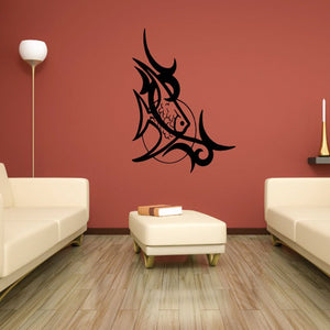 Tribal fish wall decal with stylized fins, dark red and black vinyl design