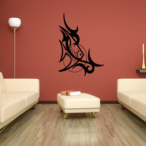 Tribal fish wall decal with stylized fins, dark red and black vinyl design