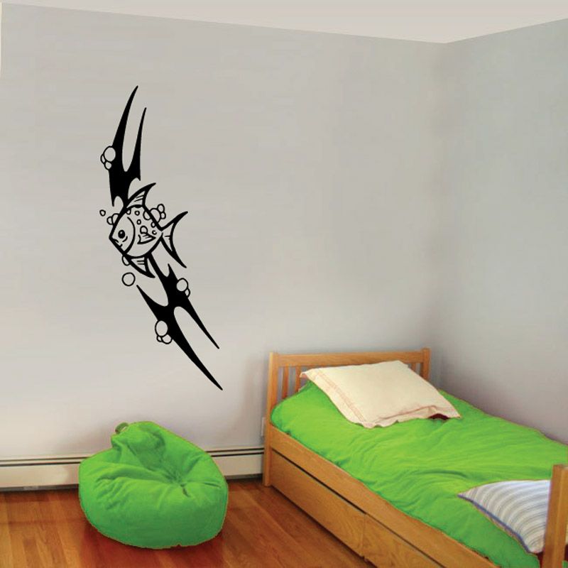 Tribal fish wall decal, black tribal-style fish silhouette