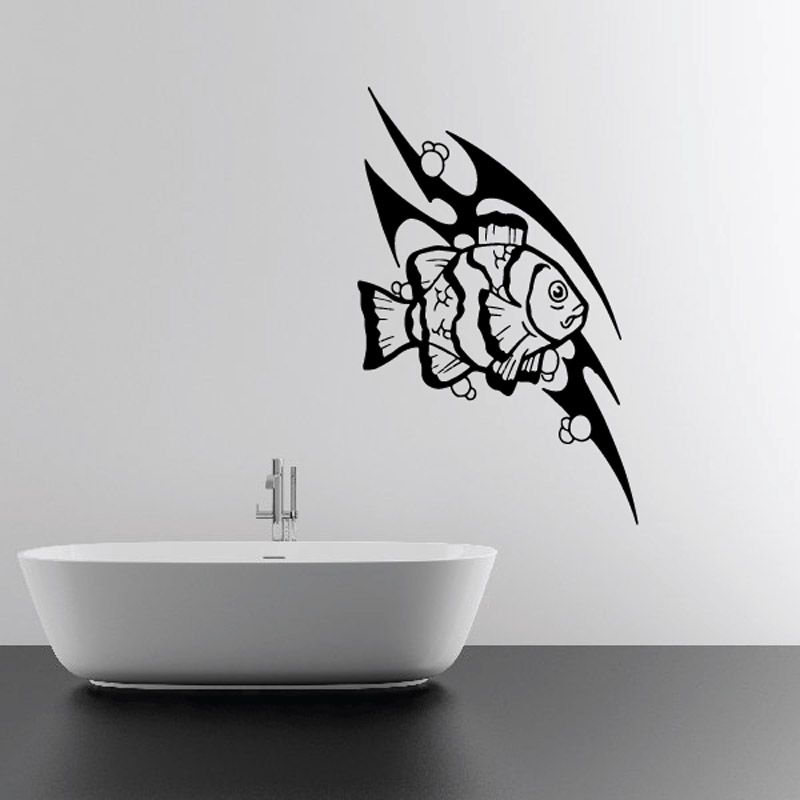 Tribal fish wall decal, black fish silhouette with white tribal line details