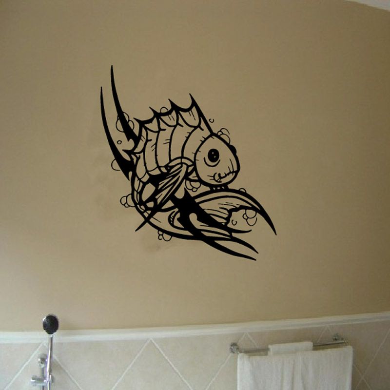 Tribal fish vinyl wall decal with two fish in black outline