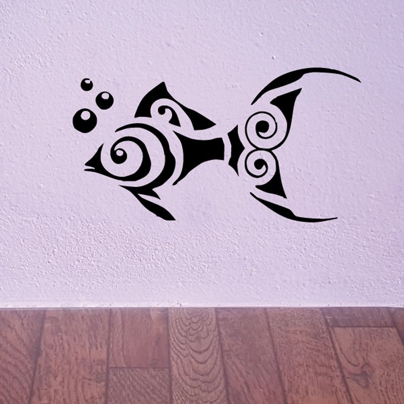 Tribal fish vinyl wall decal, two black mirrored fish with swirl patterns and bubbles
