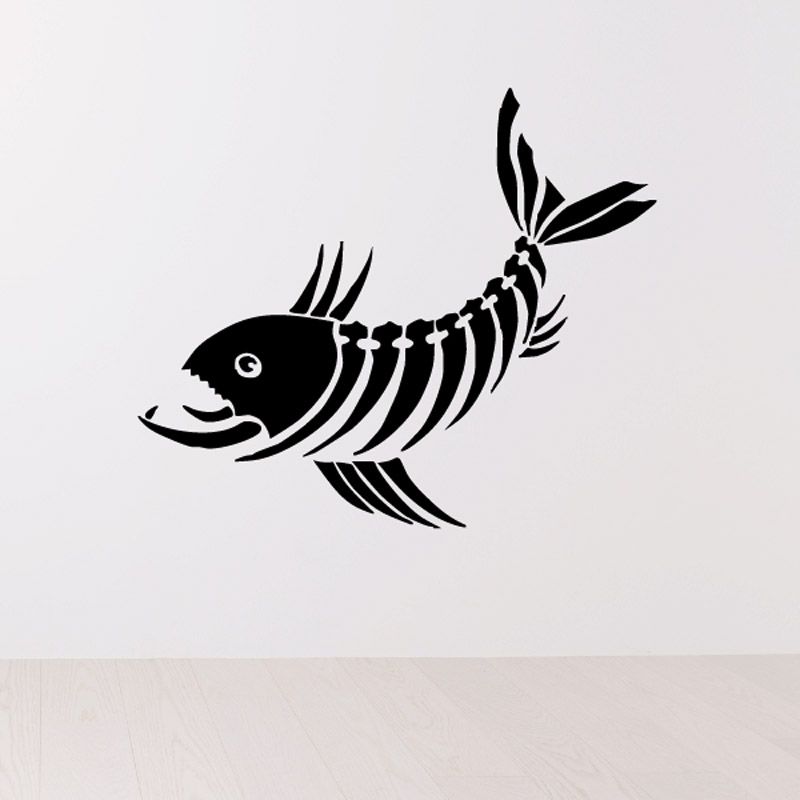 Tribal fish vinyl wall decal, black ornate skeleton pattern with spiky tail.