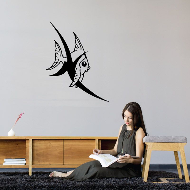 Tribal fish wall vinyl decal, black fish silhouette with stylized fins