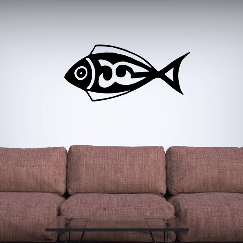 Tribal fish wall decal, black and white stylized fish with tribal patterns