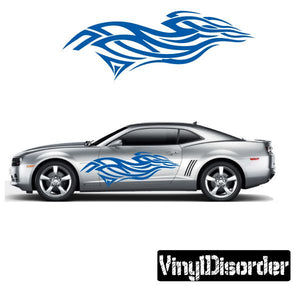 Blue tribal flame vinyl decal for car door, side stripe and rear section