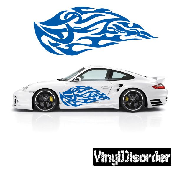 Blue tribal flame vinyl decal for car door side panel