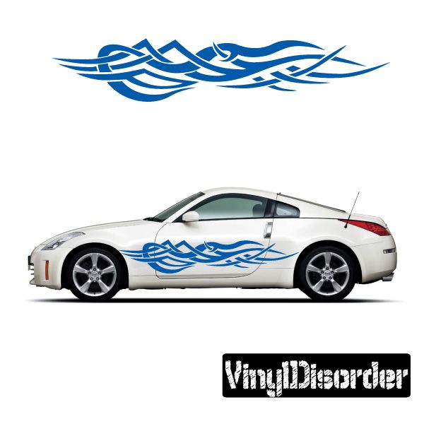 Tribal flame car vinyl decal, blue tribal flame stripe for vehicle side panels.