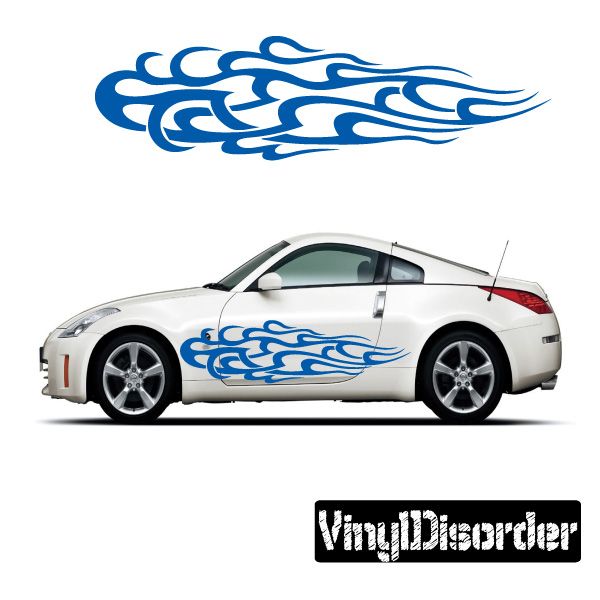 Tribal flames car vinyl decal in blue, applied on a white car door and hood