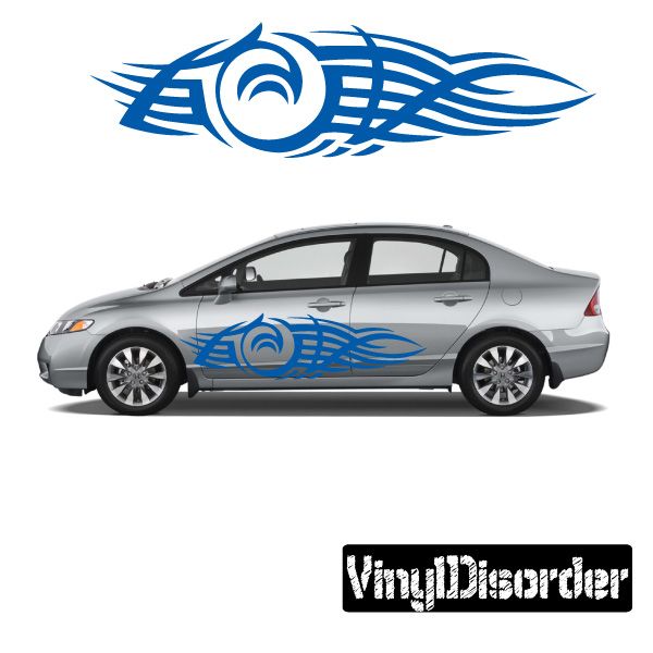 Blue tribal flame swirl vinyl decal on car door panel