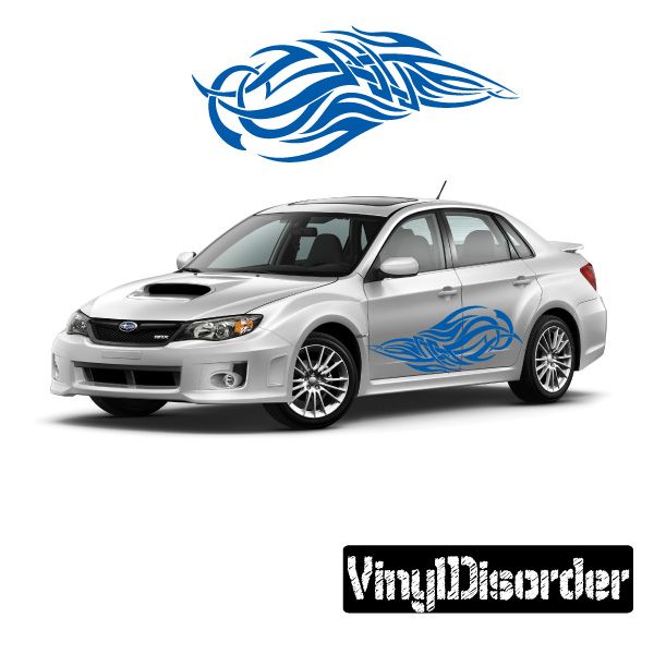 Tribal flames vinyl decal set in blue, with tribal swirl flame design for car doors