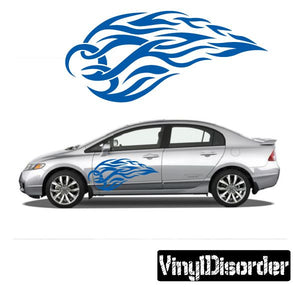 Blue tribal flame vinyl decal on car door and rear quarter panel