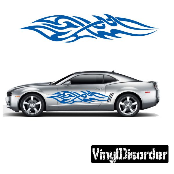 Blue tribal flame vinyl decal with sweeping wave pattern