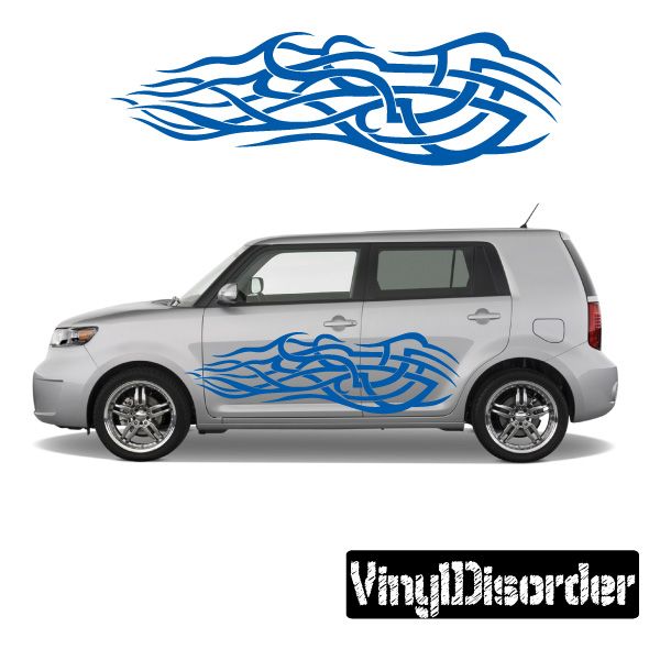 Tribal flame vinyl car decal with blue knot flames graphic on side door