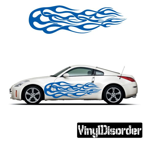 Flame tribal vinyl car decal with blue swirling flame design on vehicle doors