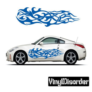 Vinyl car decal with blue tribal flame swirl graphic for side panel